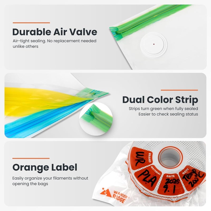 Wander Ridge 3D Printer Filament Storage Bags Vacuum Storage Bags Kit 3D Printer Accessories with 20 Storage Bags (13x15 inches), 20 Desiccants, Auto Pump, 2 Sealing Clips, Dust Proof, Humidity Resistant - Image 3